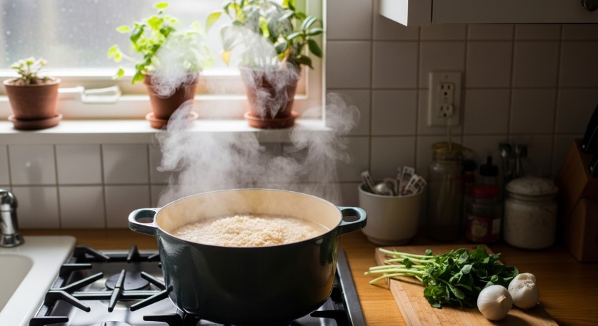 Stove simmering rice porridge in Dutch oven