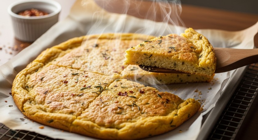 lifting slice of cottage cheese flatbread with steam