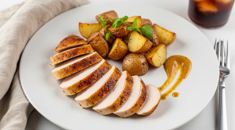 roasted chicken breast sliced with potatoes and sauce