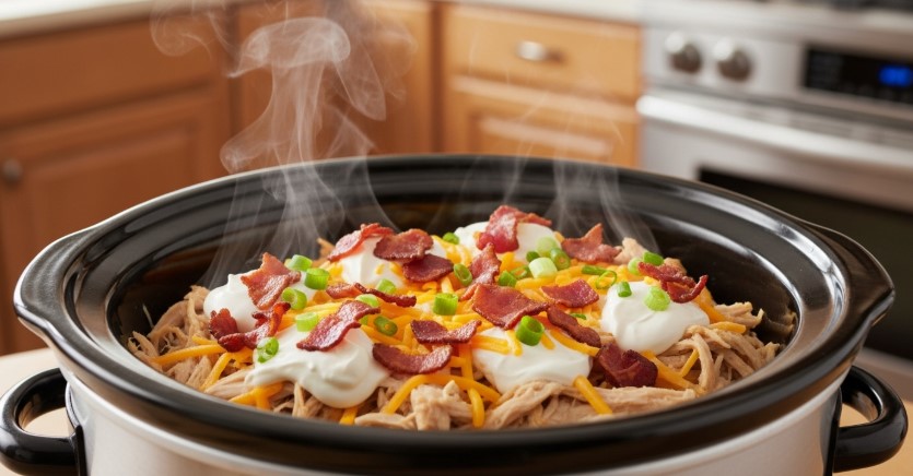 Slow cooker filled with crack chicken recipe in South Philly kitchen