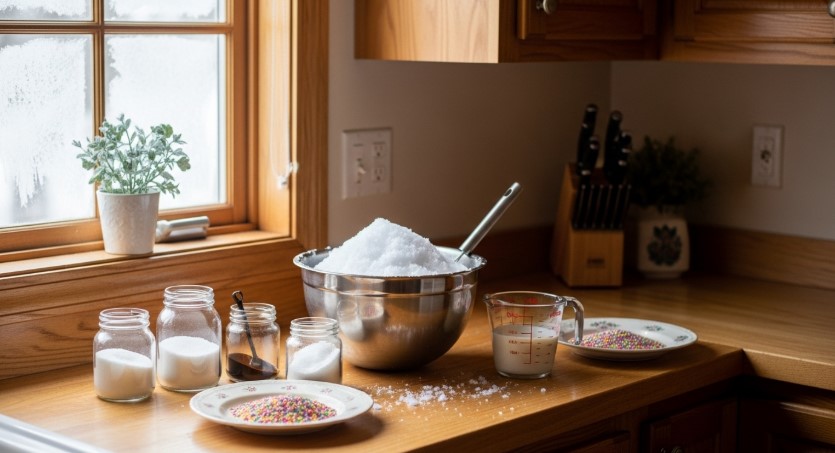 Ingredients for snow ice cream in a cozy kitchen setting