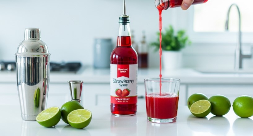 pouring strawberry margarita made with strawberry syrup