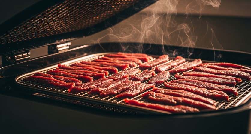 Deer jerky strips inside dehydrator