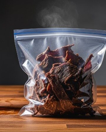 Warm deer jerky cooling in bag
