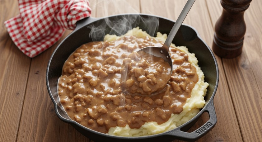 Old fashioned hamburger gravy in cast iron skillet with mashed potatoes