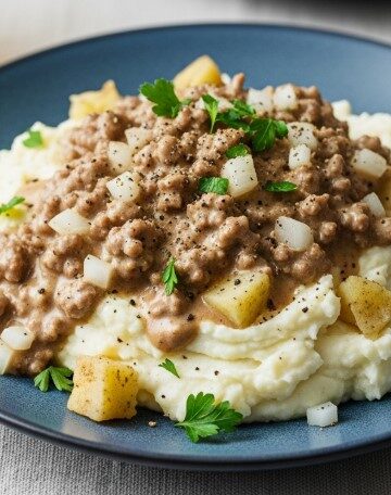Final hamburger gravy dish over mashed potatoes