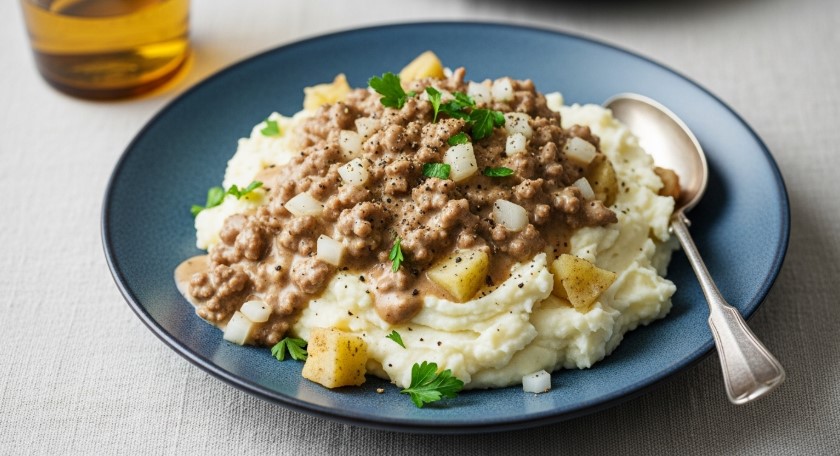 Final hamburger gravy dish over mashed potatoes