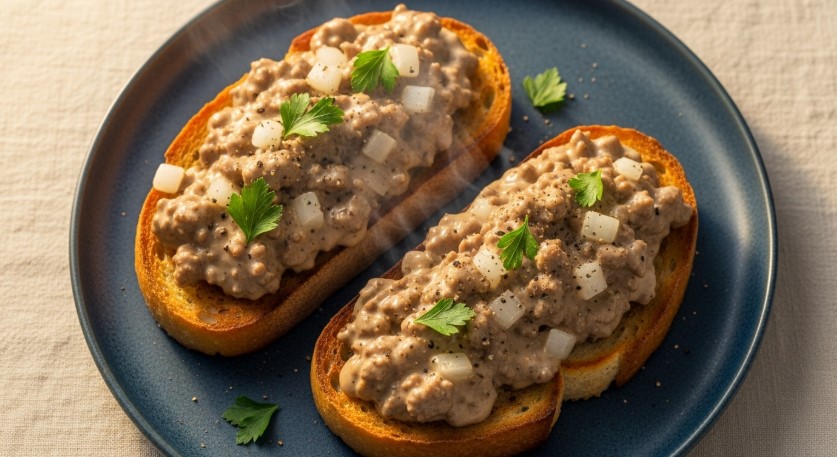 Simple hamburger gravy over toast with fresh herbs