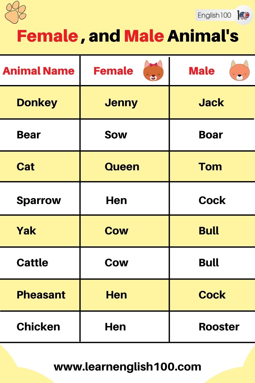 Female, and Male Animals' Names - English 100