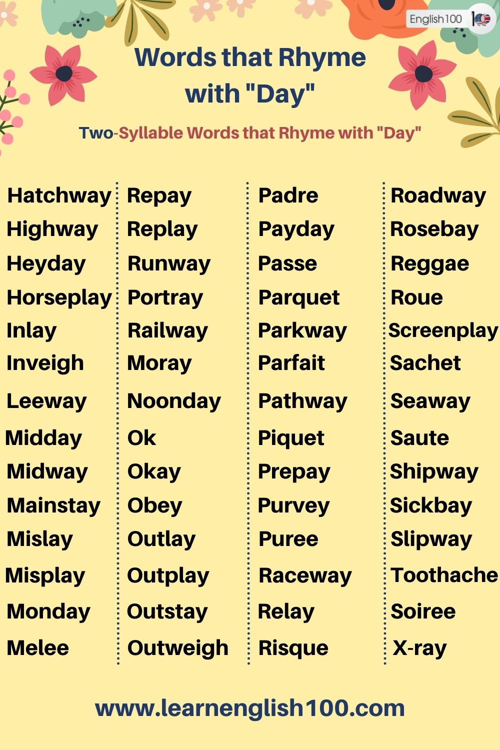 Words that Rhyme with "Love" / "Day" - English 100
