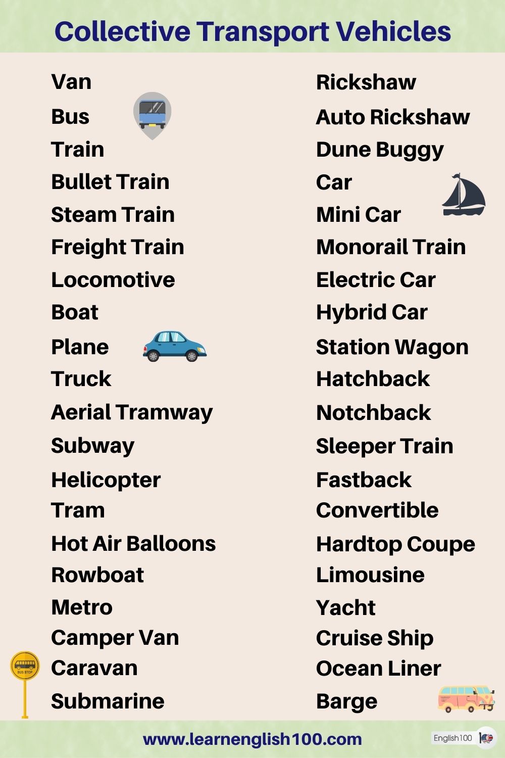 Transport Vehicles' Names and Types